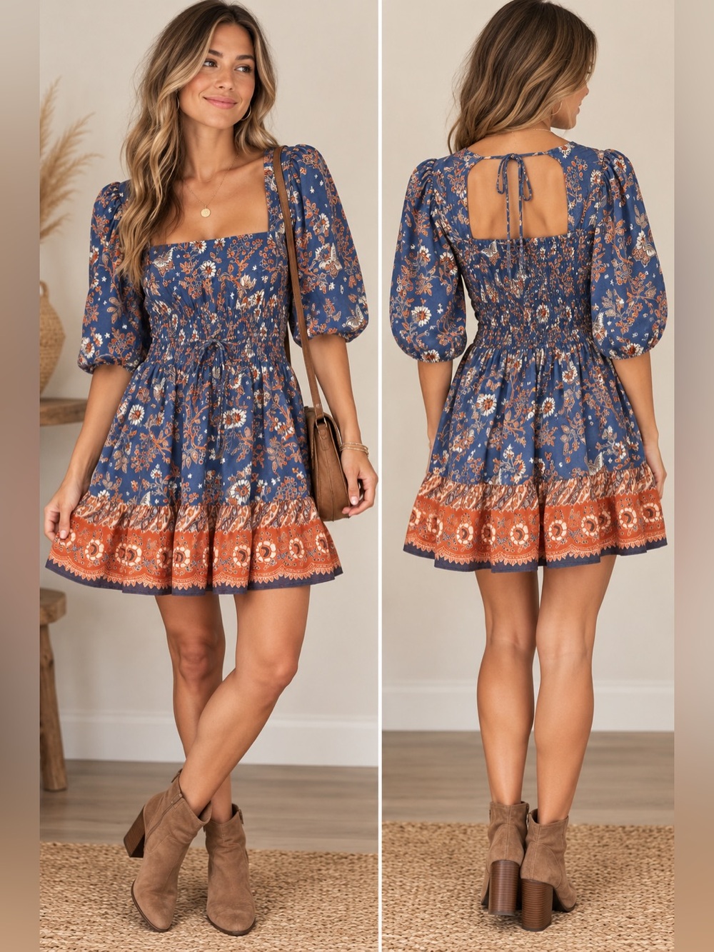 House of Harlow 1960 Nicole Richie Natassia Blue Smocked Floral Mini Dress M
